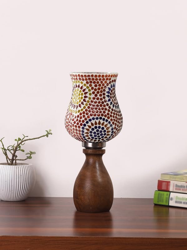 Multicolor Table Lamp | Artistic Mosaic Glass with Sturdy Wood Base | Decorative Ambient Light for Home D�cor | Perfect Blend of Modern & Traditional Style - Model DJM08
