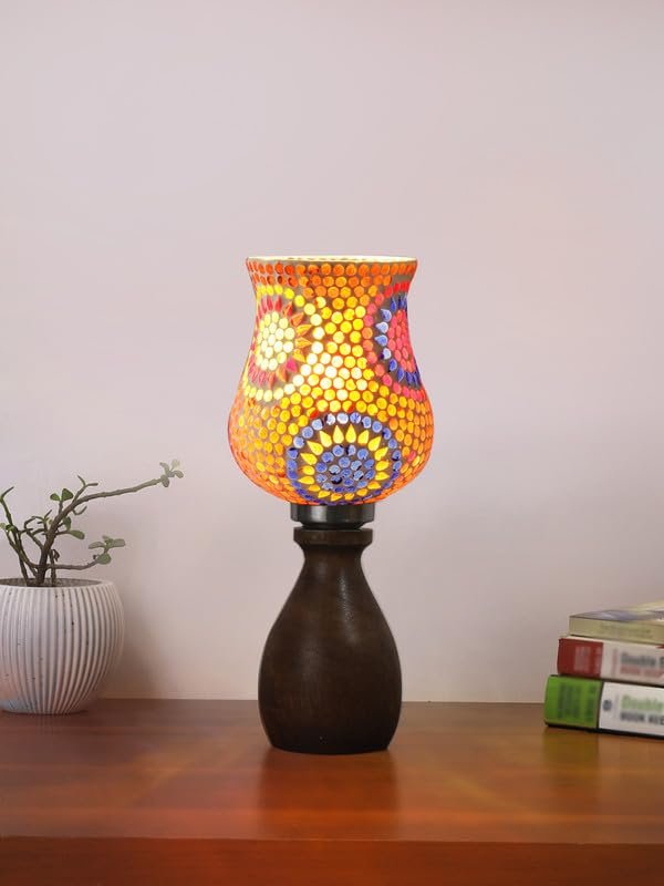 Multicolor Table Lamp | Artistic Mosaic Glass with Sturdy Wood Base | Decorative Ambient Light for Home D�cor | Perfect Blend of Modern & Traditional Style - Model DJM08