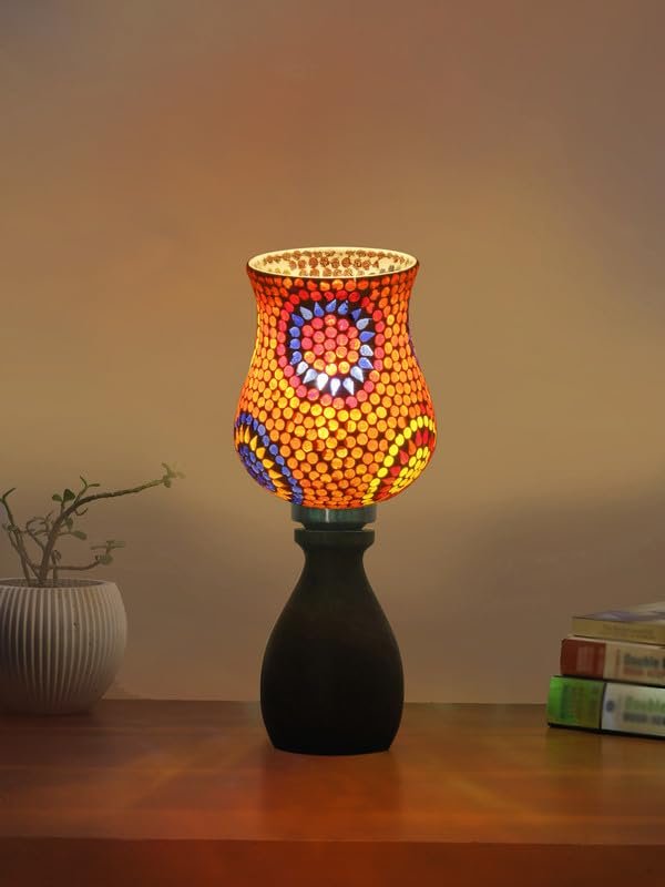 Multicolor Table Lamp | Artistic Mosaic Glass with Sturdy Wood Base | Decorative Ambient Light for Home D�cor | Perfect Blend of Modern & Traditional Style - Model DJM08
