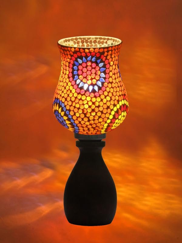 Multicolor Table Lamp | Artistic Mosaic Glass with Sturdy Wood Base | Decorative Ambient Light for Home D�cor | Perfect Blend of Modern & Traditional Style - Model DJM08