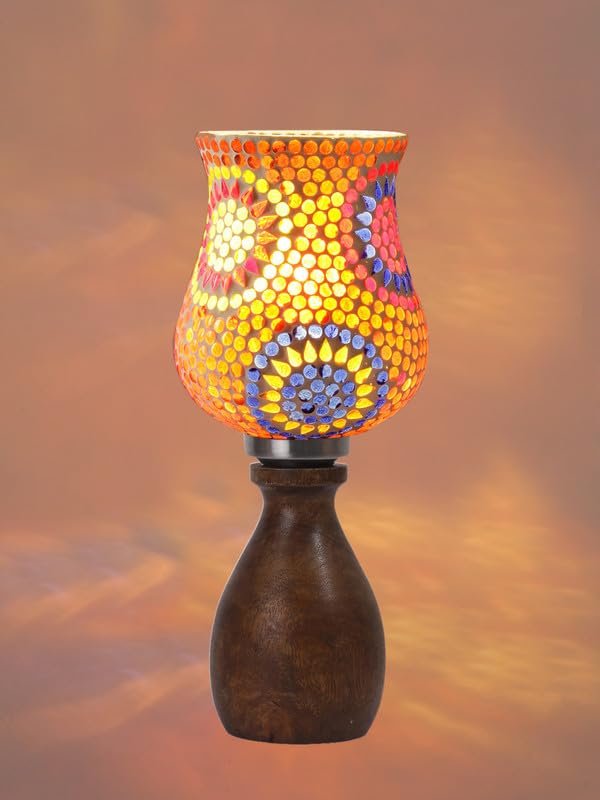 Multicolor Table Lamp | Artistic Mosaic Glass with Sturdy Wood Base | Decorative Ambient Light for Home D�cor | Perfect Blend of Modern & Traditional Style - Model DJM08