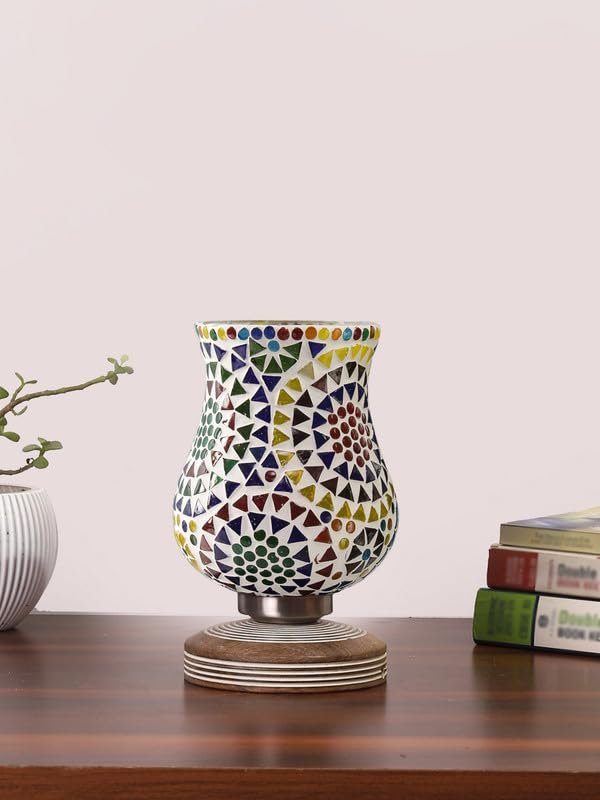 Multicolor Table Lamp | Artistic Mosaic Glass with Sturdy Wood Base | Decorative Ambient Light for Home D�cor | Perfect Blend of Modern & Traditional Style - Model DJP12