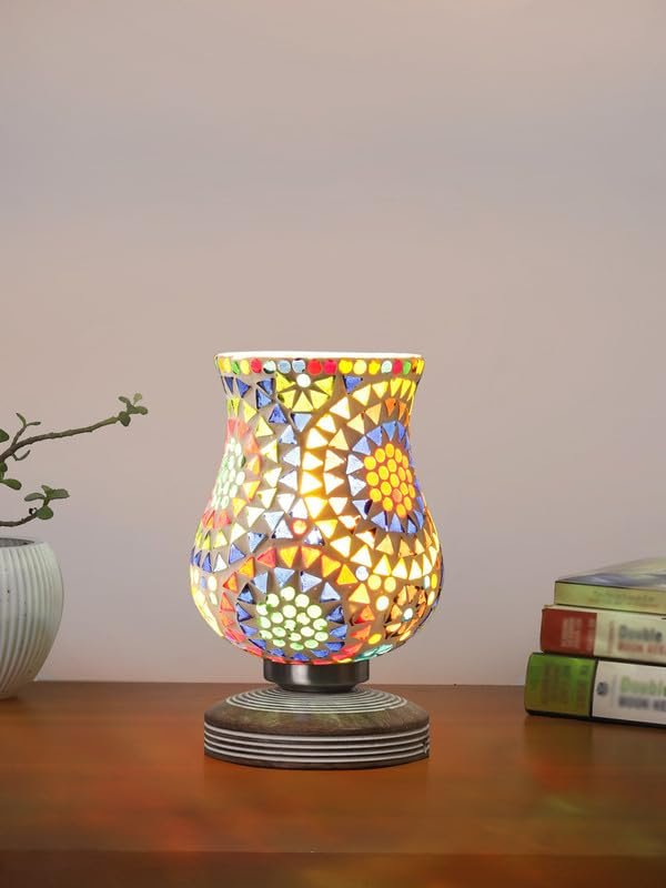 Multicolor Table Lamp | Artistic Mosaic Glass with Sturdy Wood Base | Decorative Ambient Light for Home D�cor | Perfect Blend of Modern & Traditional Style - Model DJP12
