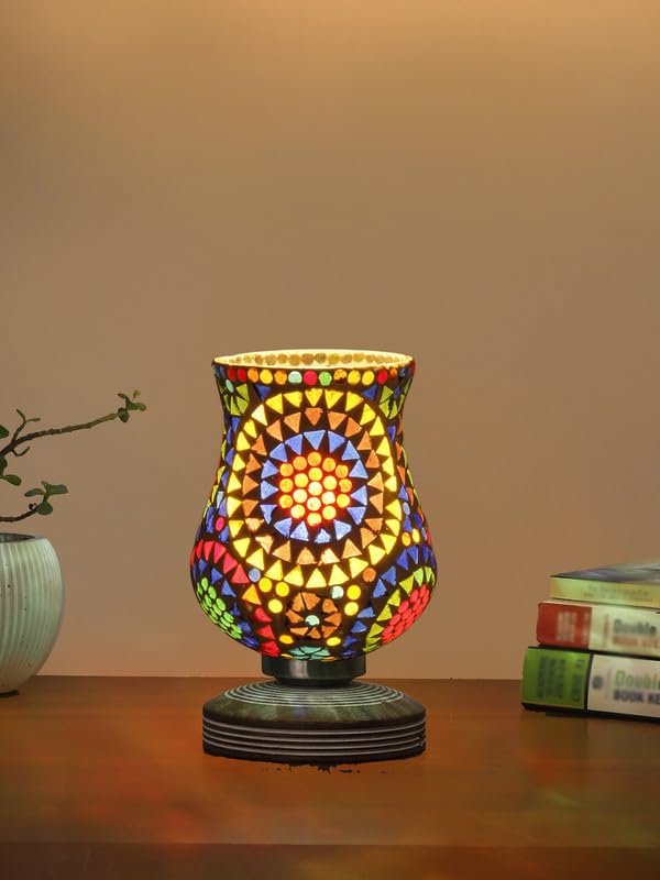 Multicolor Table Lamp | Artistic Mosaic Glass with Sturdy Wood Base | Decorative Ambient Light for Home D�cor | Perfect Blend of Modern & Traditional Style - Model DJP12