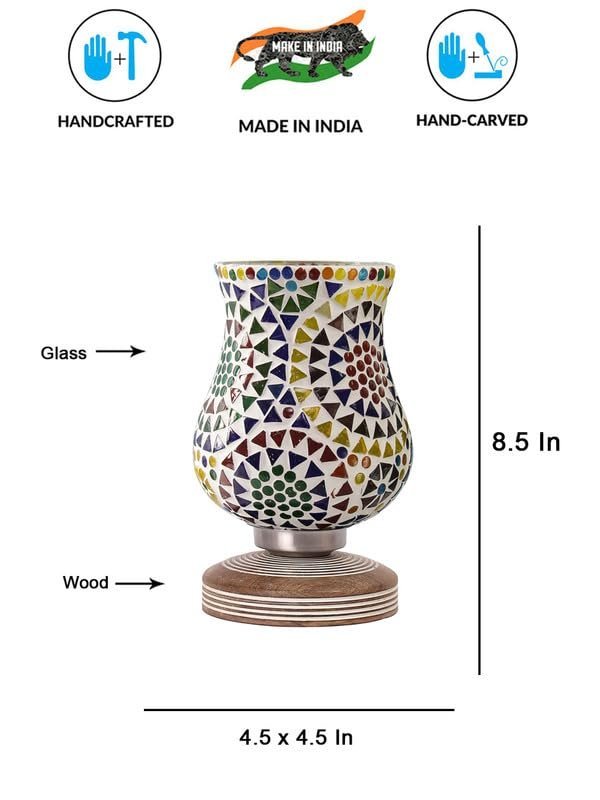 Multicolor Table Lamp | Artistic Mosaic Glass with Sturdy Wood Base | Decorative Ambient Light for Home D�cor | Perfect Blend of Modern & Traditional Style - Model DJP12