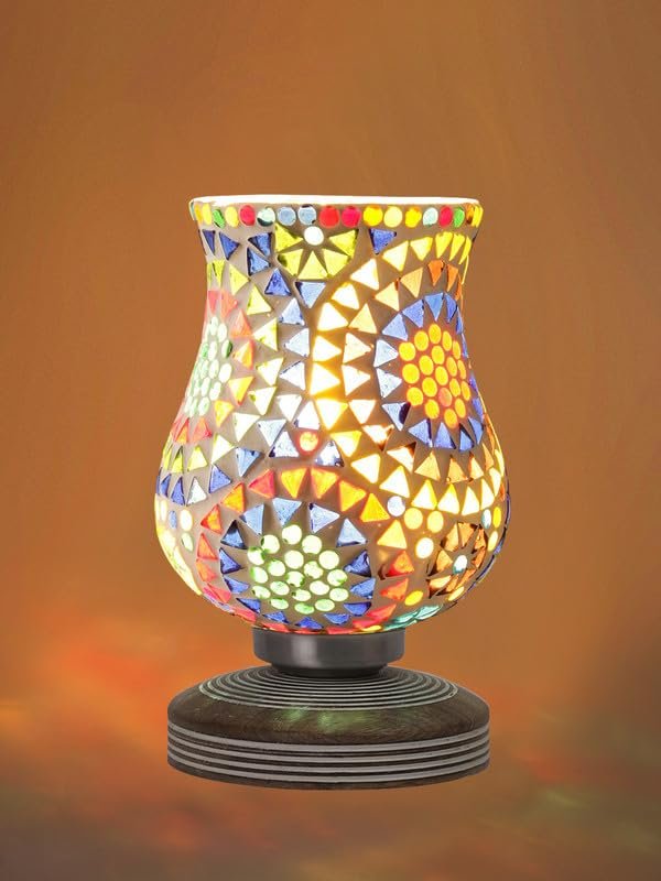 Multicolor Table Lamp | Artistic Mosaic Glass with Sturdy Wood Base | Decorative Ambient Light for Home D�cor | Perfect Blend of Modern & Traditional Style - Model DJP12