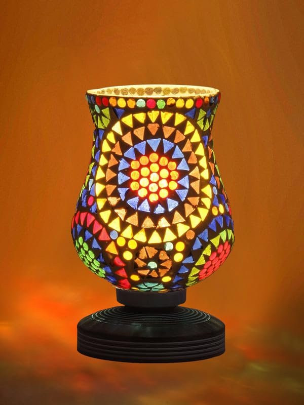 Multicolor Table Lamp | Artistic Mosaic Glass with Sturdy Wood Base | Decorative Ambient Light for Home D�cor | Perfect Blend of Modern & Traditional Style - Model DJP12