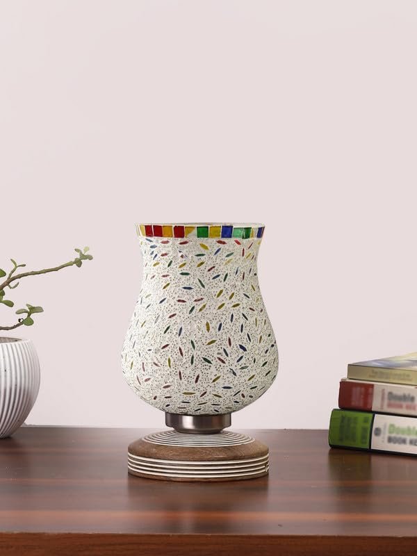 Multicolor Table Lamp | Artistic Mosaic Glass with Sturdy Wood Base | Decorative Ambient Light for Home D�cor | Perfect Blend of Modern & Traditional Style - Model DJP13