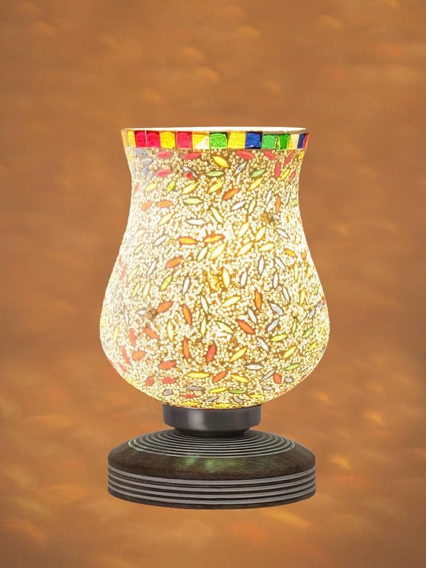 Multicolor Table Lamp | Artistic Mosaic Glass with Sturdy Wood Base | Decorative Ambient Light for Home D�cor | Perfect Blend of Modern & Traditional Style - Model DJP13