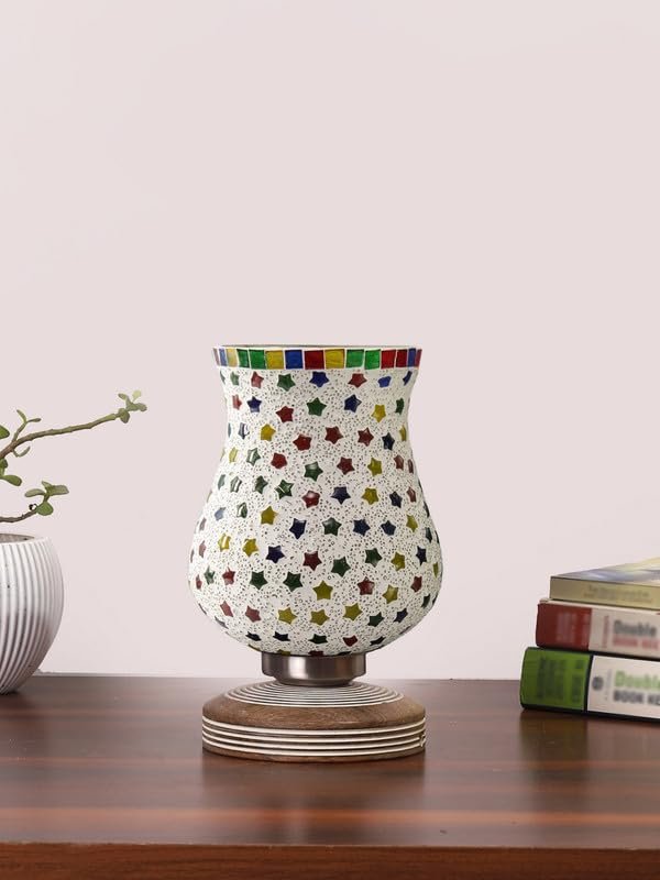 Multicolor Table Lamp | Artistic Mosaic Glass with Sturdy Wood Base | Decorative Ambient Light for Home D�cor | Perfect Blend of Modern & Traditional Style - Model DJP14