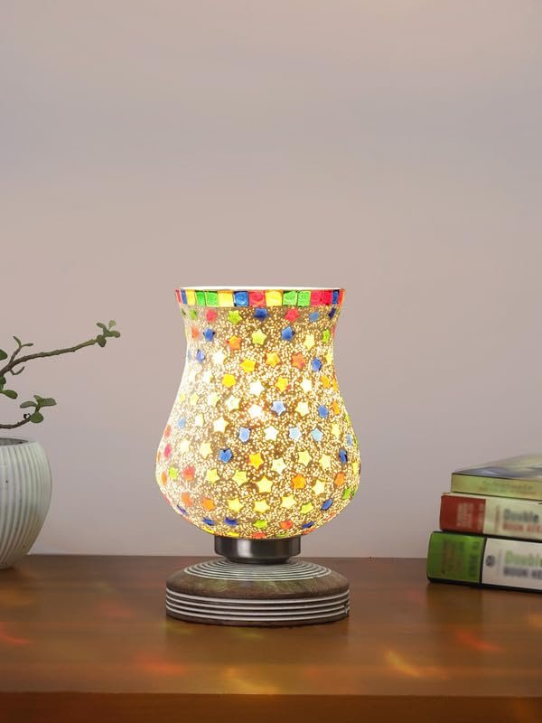 Multicolor Table Lamp | Artistic Mosaic Glass with Sturdy Wood Base | Decorative Ambient Light for Home D�cor | Perfect Blend of Modern & Traditional Style - Model DJP14