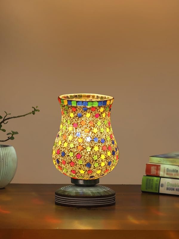 Multicolor Table Lamp | Artistic Mosaic Glass with Sturdy Wood Base | Decorative Ambient Light for Home D�cor | Perfect Blend of Modern & Traditional Style - Model DJP14