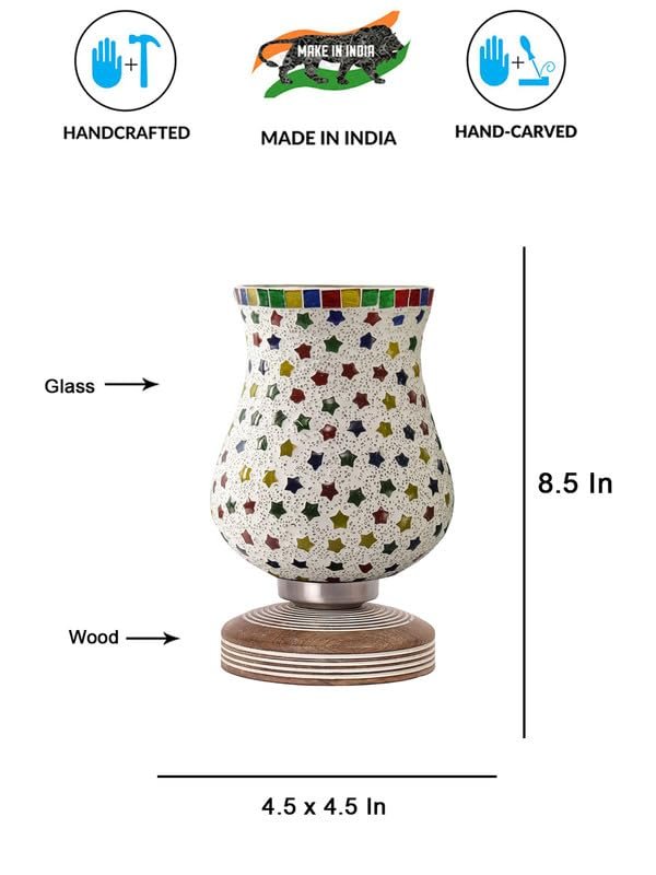 Multicolor Table Lamp | Artistic Mosaic Glass with Sturdy Wood Base | Decorative Ambient Light for Home D�cor | Perfect Blend of Modern & Traditional Style - Model DJP14