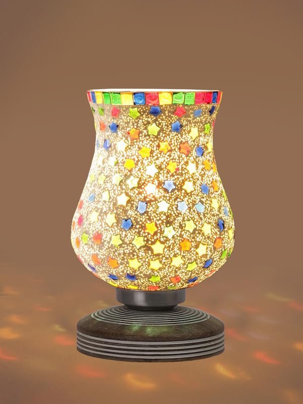 Multicolor Table Lamp | Artistic Mosaic Glass with Sturdy Wood Base | Decorative Ambient Light for Home D�cor | Perfect Blend of Modern & Traditional Style - Model DJP14