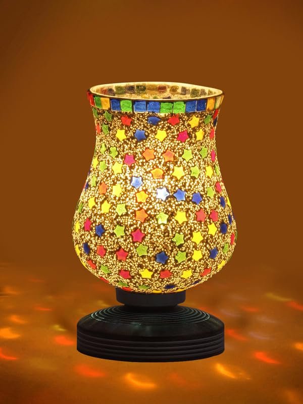 Multicolor Table Lamp | Artistic Mosaic Glass with Sturdy Wood Base | Decorative Ambient Light for Home D�cor | Perfect Blend of Modern & Traditional Style - Model DJP14