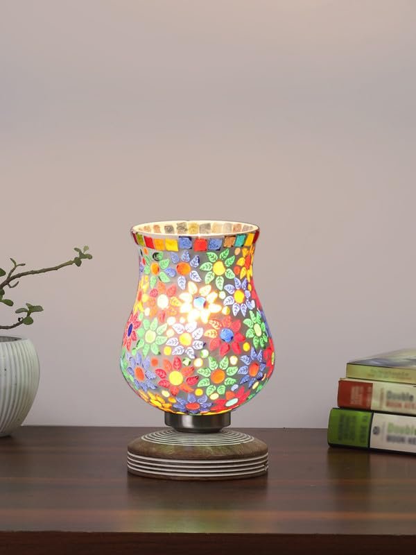Multicolor Table Lamp | Artistic Mosaic Glass with Sturdy Wood Base | Decorative Ambient Light for Home D�cor | Perfect Blend of Modern & Traditional Style - Model DJP15