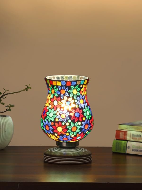 Multicolor Table Lamp | Artistic Mosaic Glass with Sturdy Wood Base | Decorative Ambient Light for Home D�cor | Perfect Blend of Modern & Traditional Style - Model DJP15