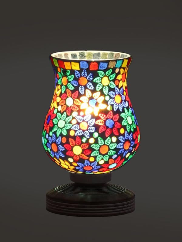 Multicolor Table Lamp | Artistic Mosaic Glass with Sturdy Wood Base | Decorative Ambient Light for Home D�cor | Perfect Blend of Modern & Traditional Style - Model DJP15