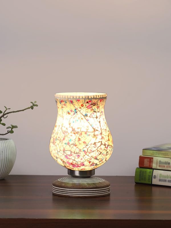 Multicolor Table Lamp | Artistic Mosaic Glass with Sturdy Wood Base | Decorative Ambient Light for Home D�cor | Perfect Blend of Modern & Traditional Style - Model DJP16