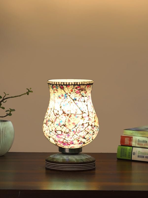 Multicolor Table Lamp | Artistic Mosaic Glass with Sturdy Wood Base | Decorative Ambient Light for Home D�cor | Perfect Blend of Modern & Traditional Style - Model DJP16