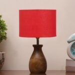 Red Cotton Table lamp with Wood Natural Base (7×13 inches)-4