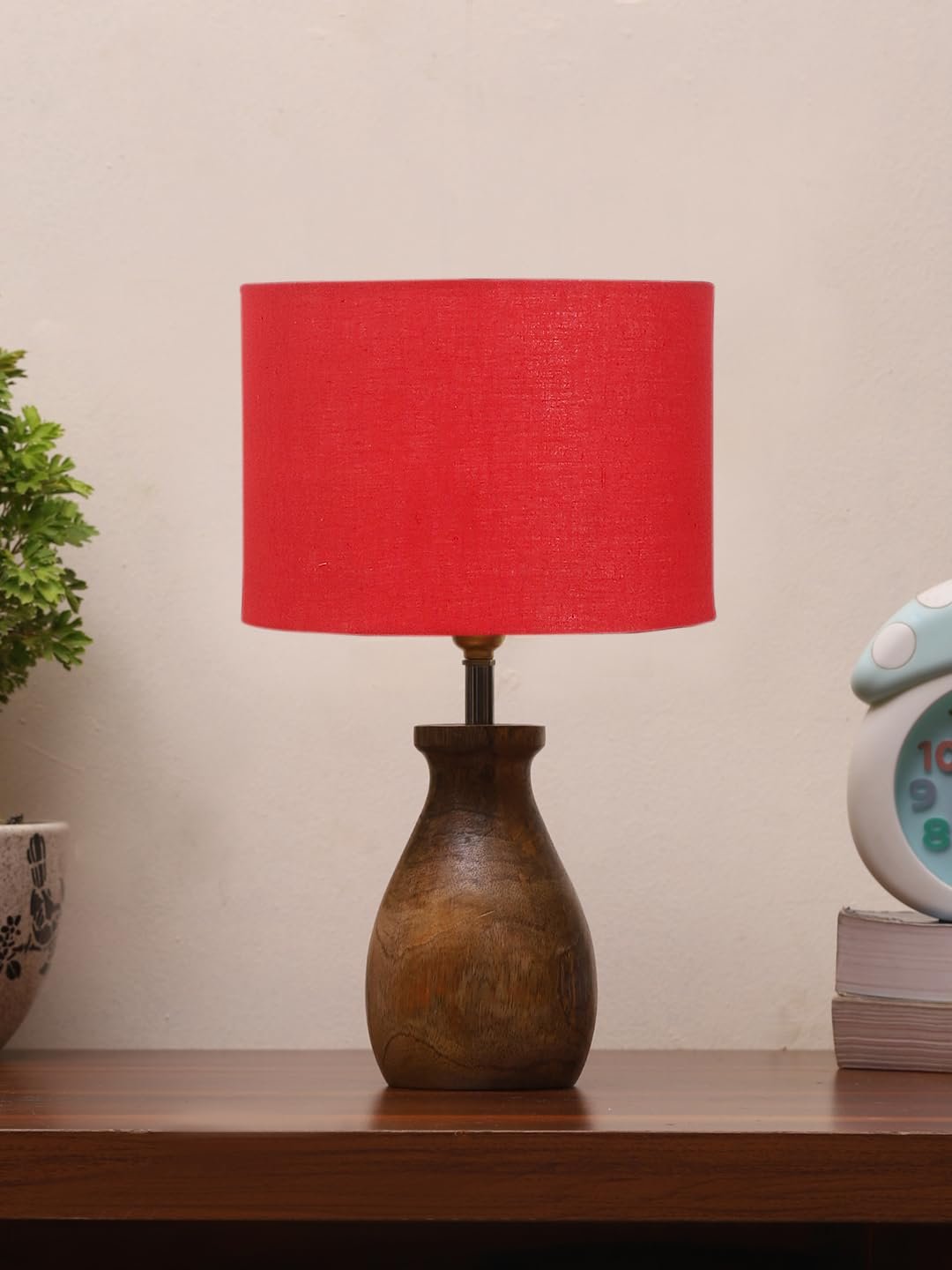Red Cotton Table lamp with Wood Natural Base (7x13 inches)-4
