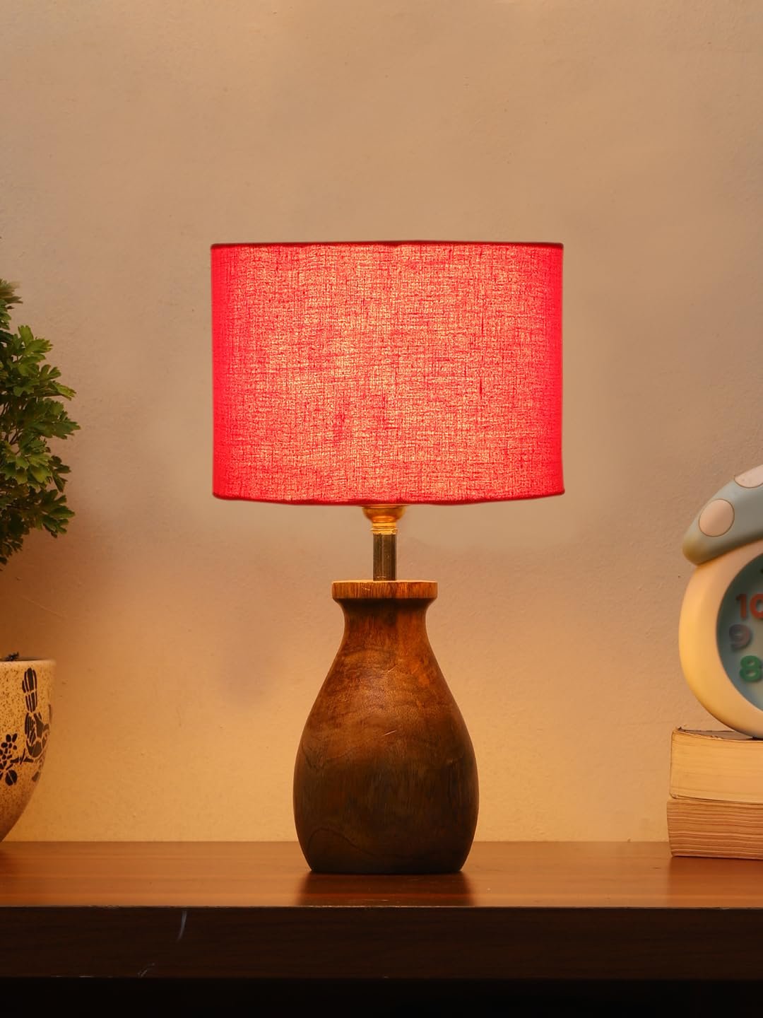 Red Cotton Table lamp with Wood Natural Base (7x13 inches)-4