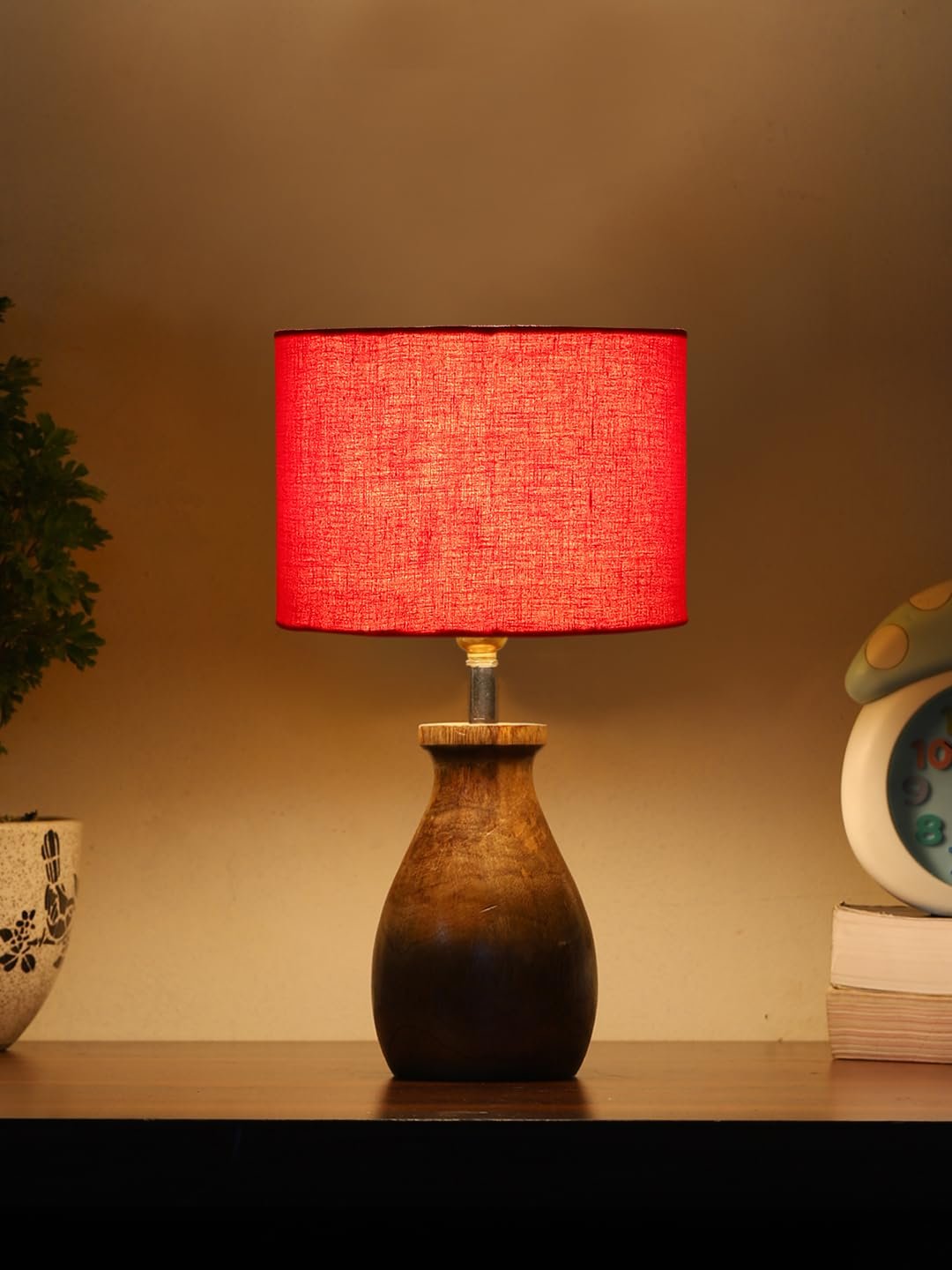 Red Cotton Table lamp with Wood Natural Base (7x13 inches)-4