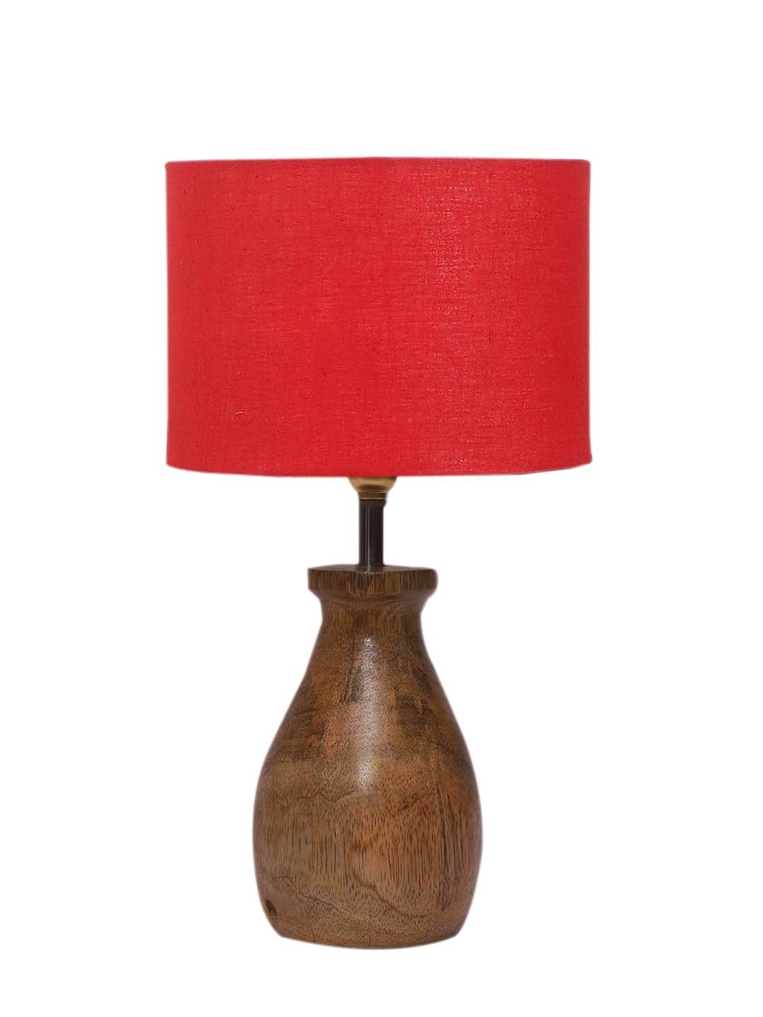 Red Cotton Table lamp with Wood Natural Base (7x13 inches)-4