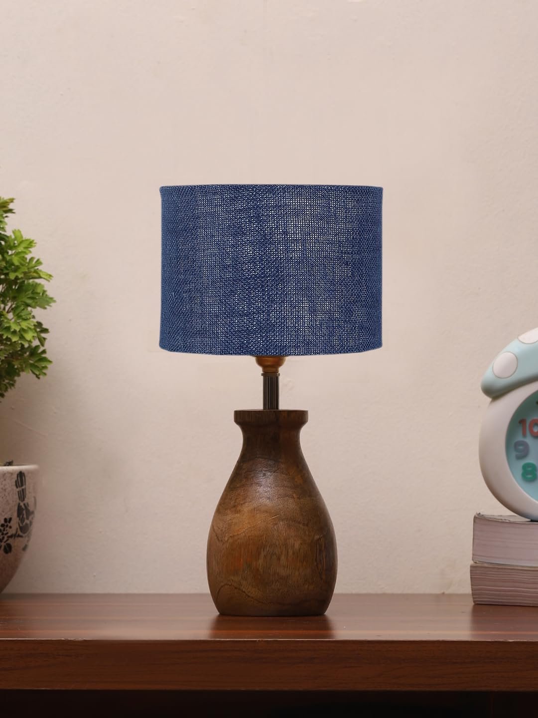 Blue Jute Table lamp with Wood Natural Base (7x13 inches)-13