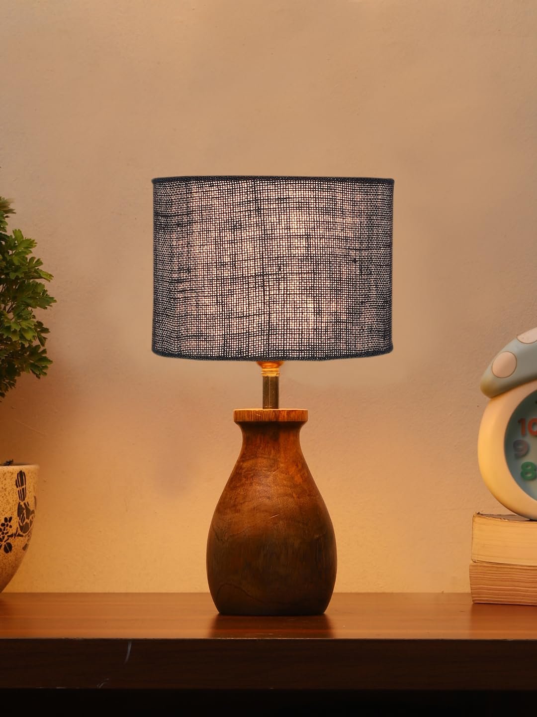 Blue Jute Table lamp with Wood Natural Base (7x13 inches)-13