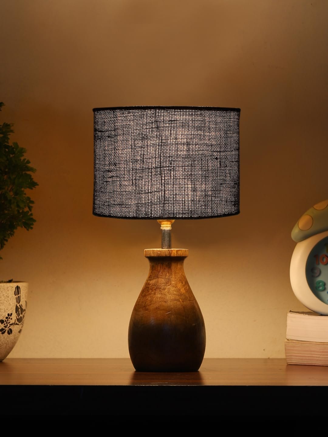 Blue Jute Table lamp with Wood Natural Base (7x13 inches)-13
