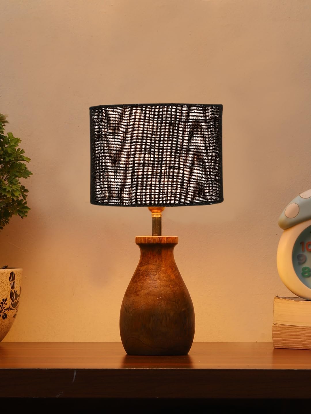 Black Jute Table lamp with Wood Natural Base (7x13 inches)-18