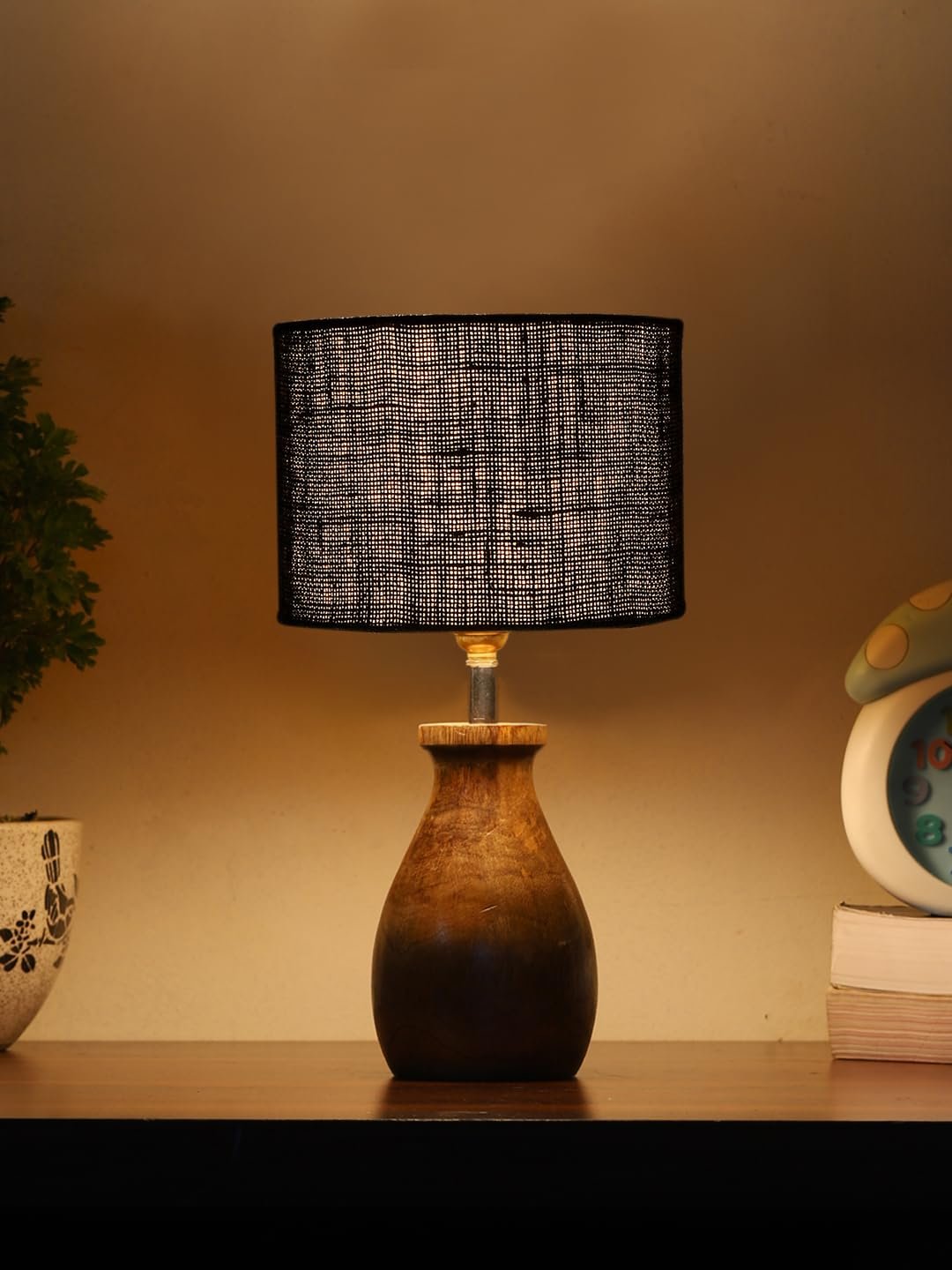 Black Jute Table lamp with Wood Natural Base (7x13 inches)-18