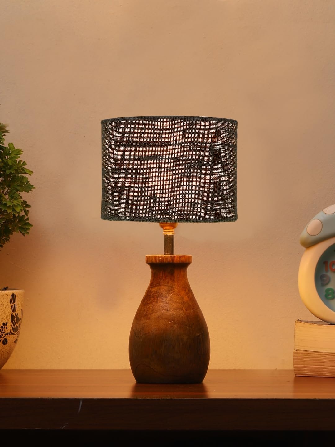 Grey Jute Table lamp with Wood Natural Base (7x13 inches)-20
