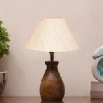 Off White Cotton Table lamp with Wood Natural Base (10×12.5 inches)-25