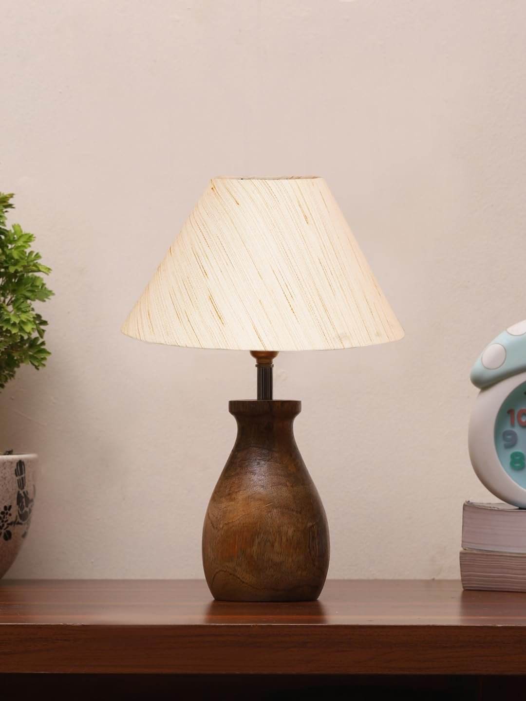 Off White Cotton Table lamp with Wood Natural Base (10x12.5 inches)-25