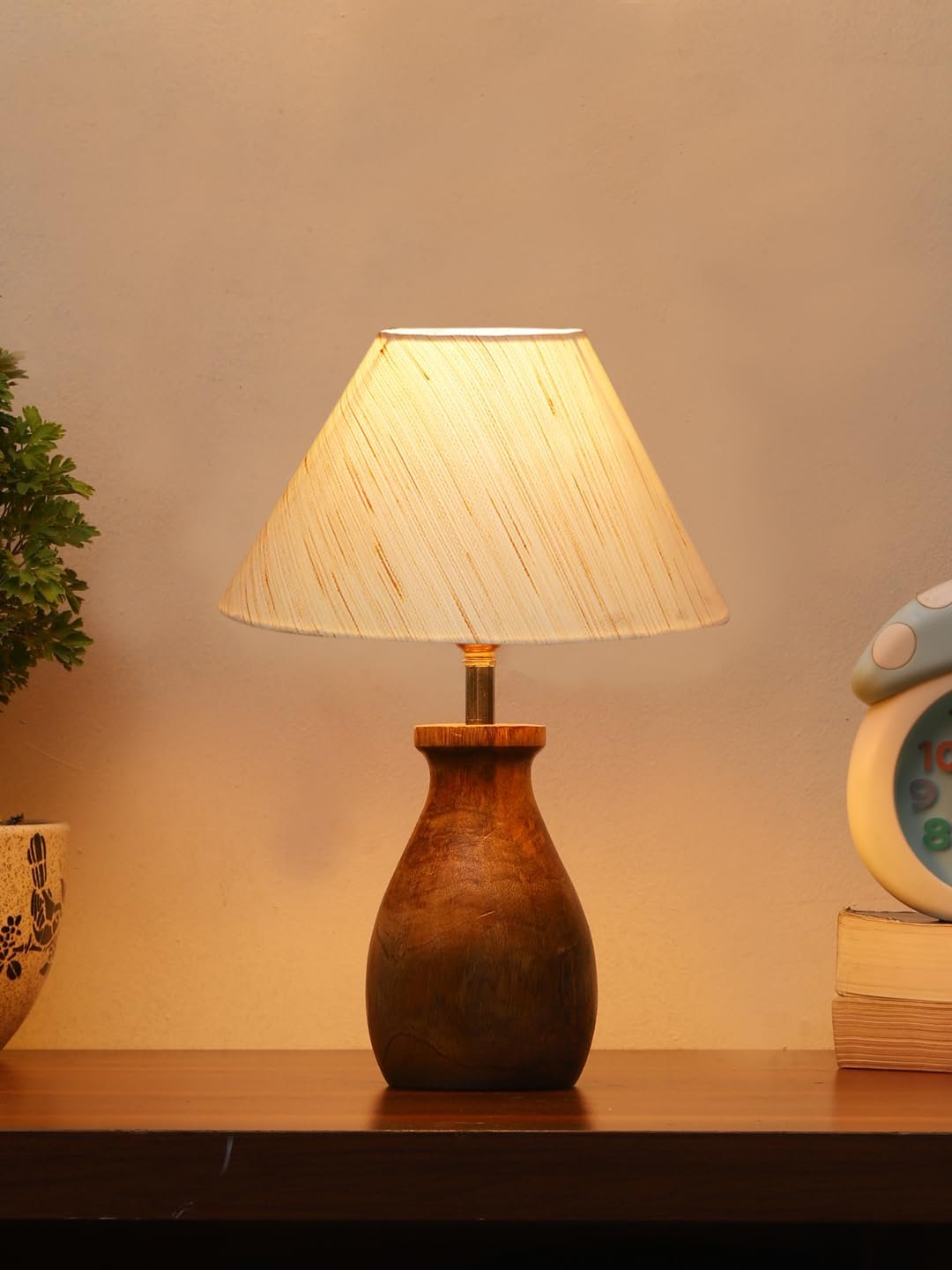 Off White Cotton Table lamp with Wood Natural Base (10x12.5 inches)-25