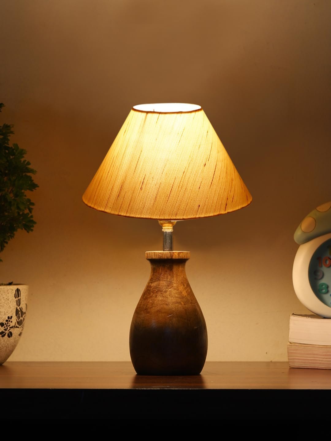 Off White Cotton Table lamp with Wood Natural Base (10x12.5 inches)-25