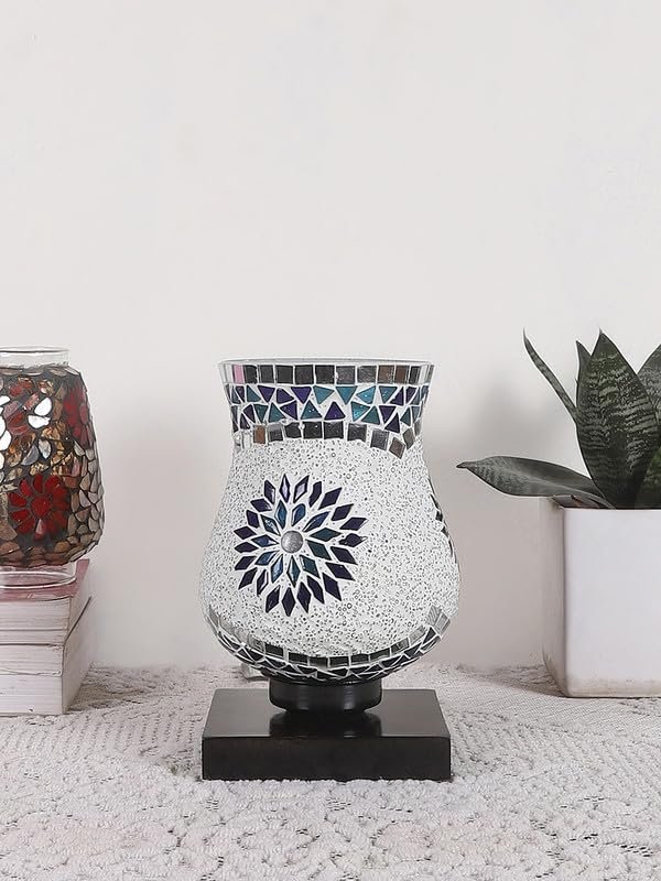 Multicolor Table Lamp | Artistic Mosaic Glass with Sturdy Wood Base | Decorative Ambient Light for Home D�cor | Perfect Blend of Modern & Traditional Style - Model DNM01