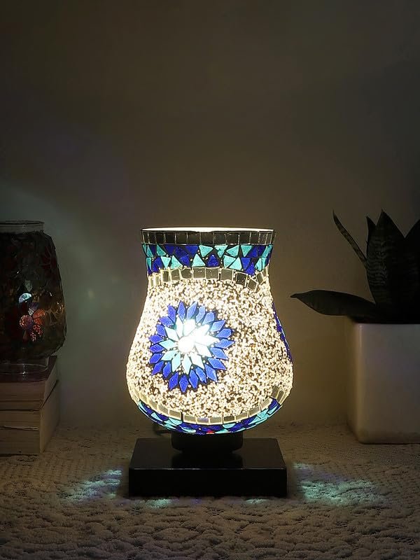 Multicolor Table Lamp | Artistic Mosaic Glass with Sturdy Wood Base | Decorative Ambient Light for Home D�cor | Perfect Blend of Modern & Traditional Style - Model DNM01