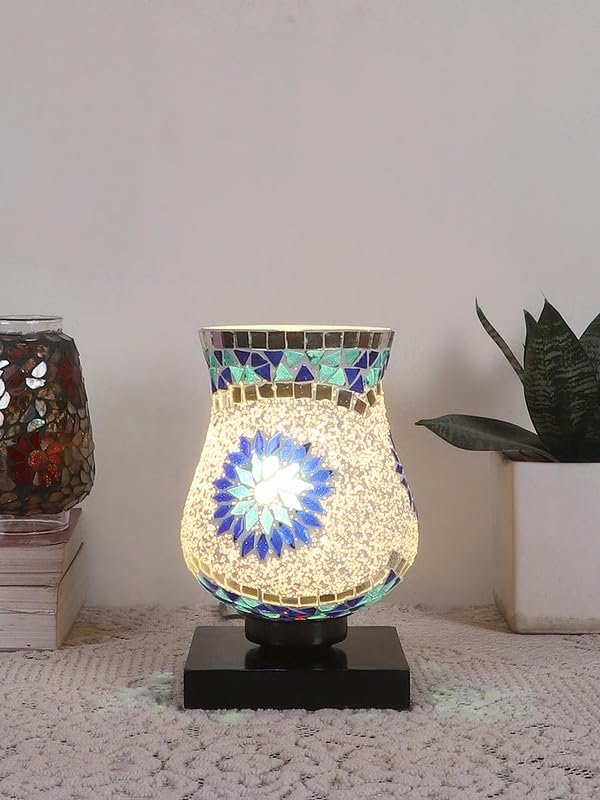 Multicolor Table Lamp | Artistic Mosaic Glass with Sturdy Wood Base | Decorative Ambient Light for Home D�cor | Perfect Blend of Modern & Traditional Style - Model DNM01