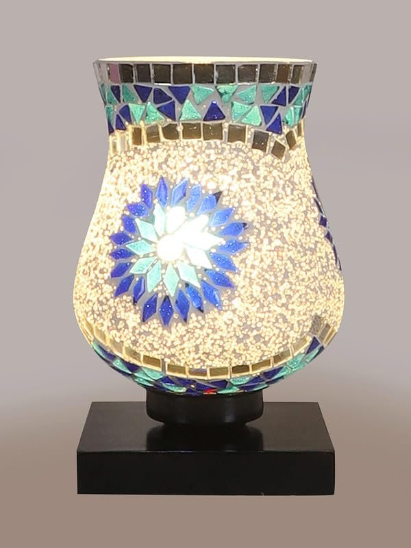 Multicolor Table Lamp | Artistic Mosaic Glass with Sturdy Wood Base | Decorative Ambient Light for Home D�cor | Perfect Blend of Modern & Traditional Style - Model DNM01