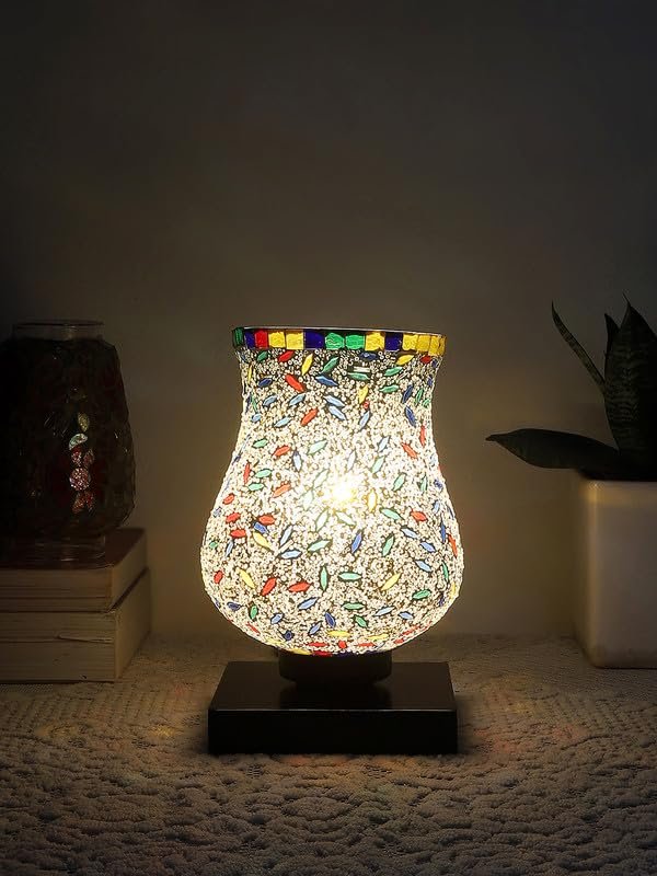Multicolor Table Lamp | Artistic Mosaic Glass with Sturdy Wood Base | Decorative Ambient Light for Home D�cor | Perfect Blend of Modern & Traditional Style - Model DNM02