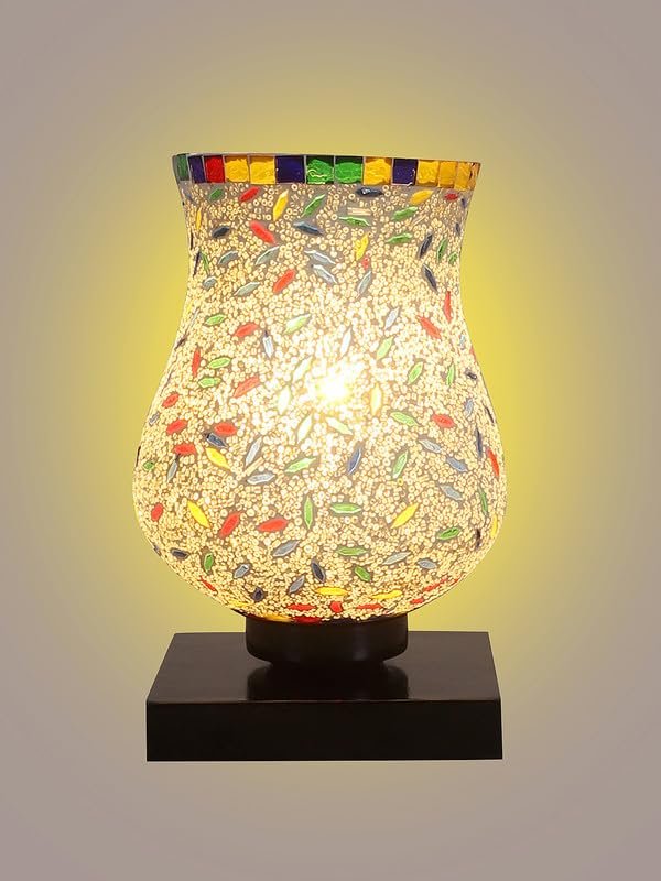 Multicolor Table Lamp | Artistic Mosaic Glass with Sturdy Wood Base | Decorative Ambient Light for Home D�cor | Perfect Blend of Modern & Traditional Style - Model DNM02