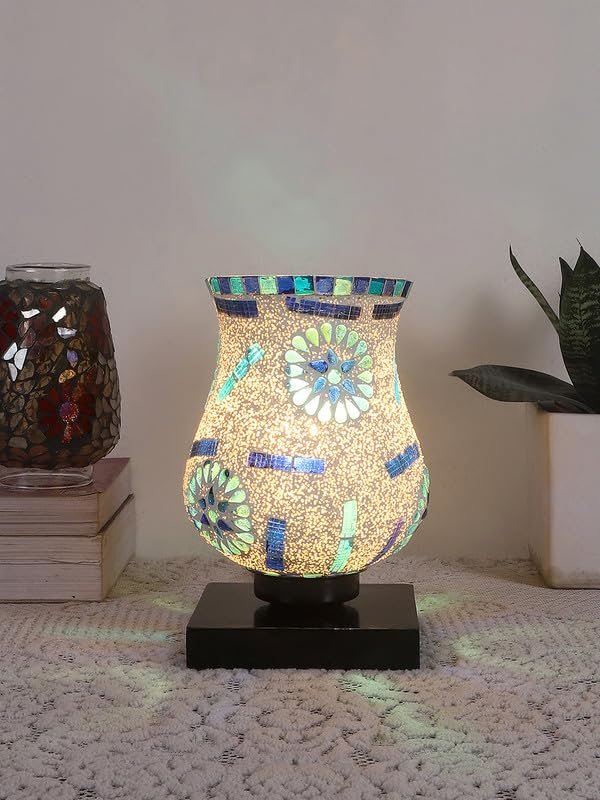 Multicolor Table Lamp | Artistic Mosaic Glass with Sturdy Wood Base | Decorative Ambient Light for Home D�cor | Perfect Blend of Modern & Traditional Style - Model DNM03