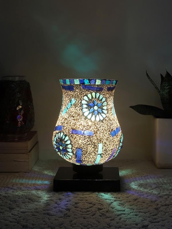 Multicolor Table Lamp | Artistic Mosaic Glass with Sturdy Wood Base | Decorative Ambient Light for Home D�cor | Perfect Blend of Modern & Traditional Style - Model DNM03