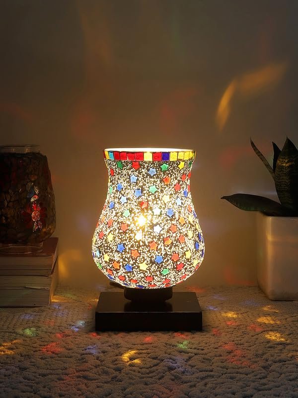 Multicolor Table Lamp | Artistic Mosaic Glass with Sturdy Wood Base | Decorative Ambient Light for Home D�cor | Perfect Blend of Modern & Traditional Style - Model DNM