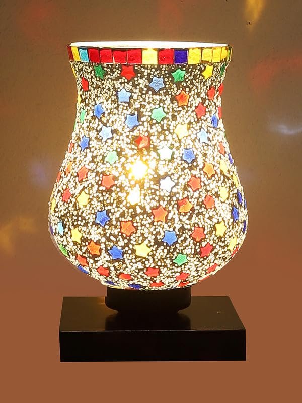 Multicolor Table Lamp | Artistic Mosaic Glass with Sturdy Wood Base | Decorative Ambient Light for Home D�cor | Perfect Blend of Modern & Traditional Style - Model DNM