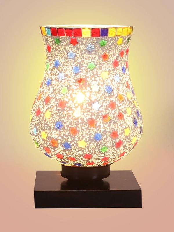 Multicolor Table Lamp | Artistic Mosaic Glass with Sturdy Wood Base | Decorative Ambient Light for Home D�cor | Perfect Blend of Modern & Traditional Style - Model DNM